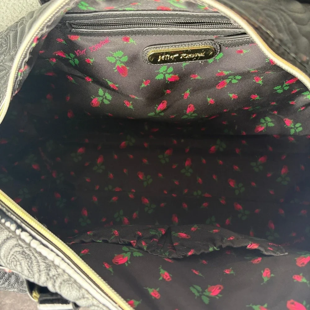 Betsey Johnson Black Rose Embossed Satchel Bag with Oversized Studded Bow